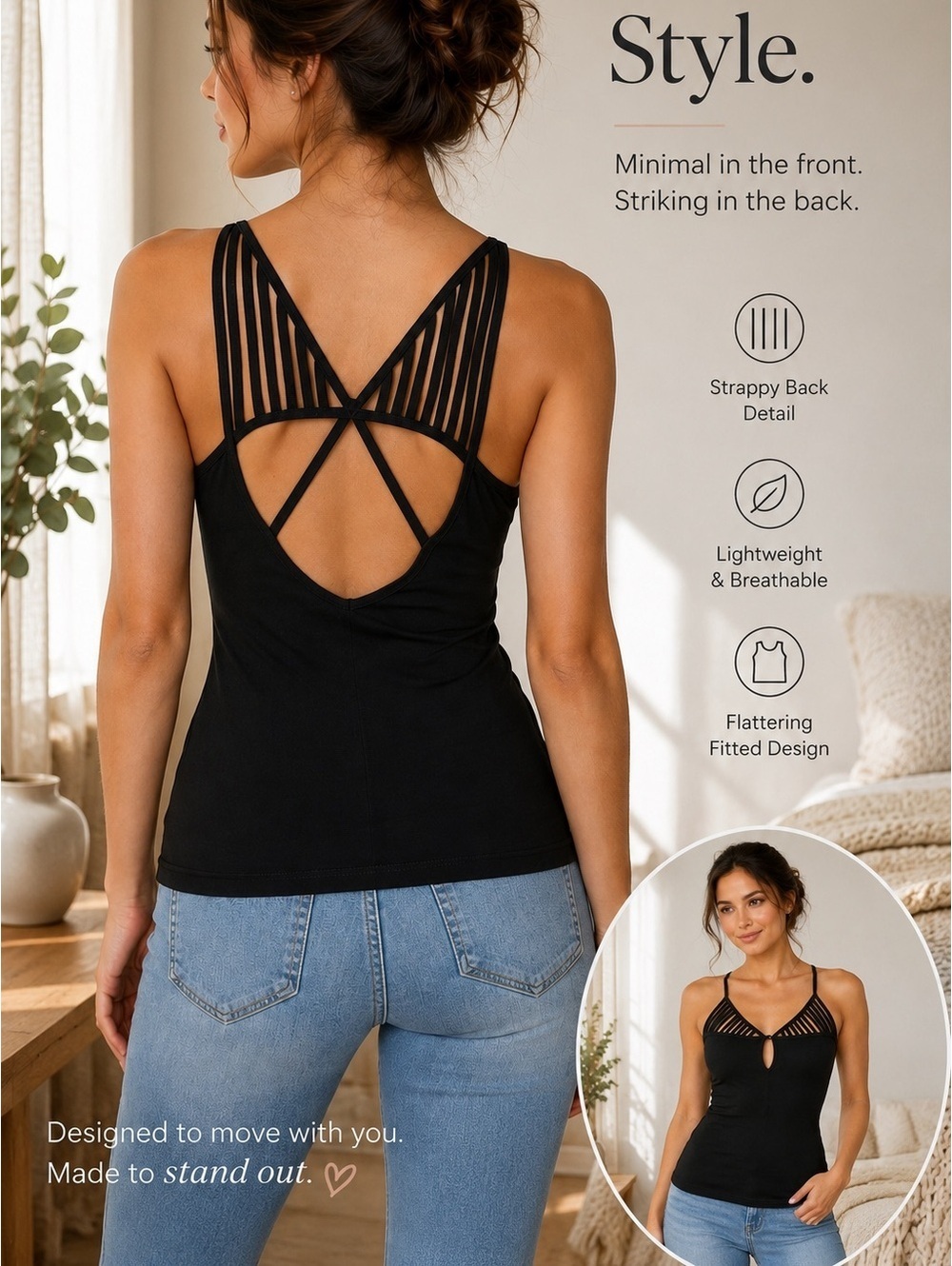 Jet Black Strappy Keyhole Tank Top with Ladder Detail